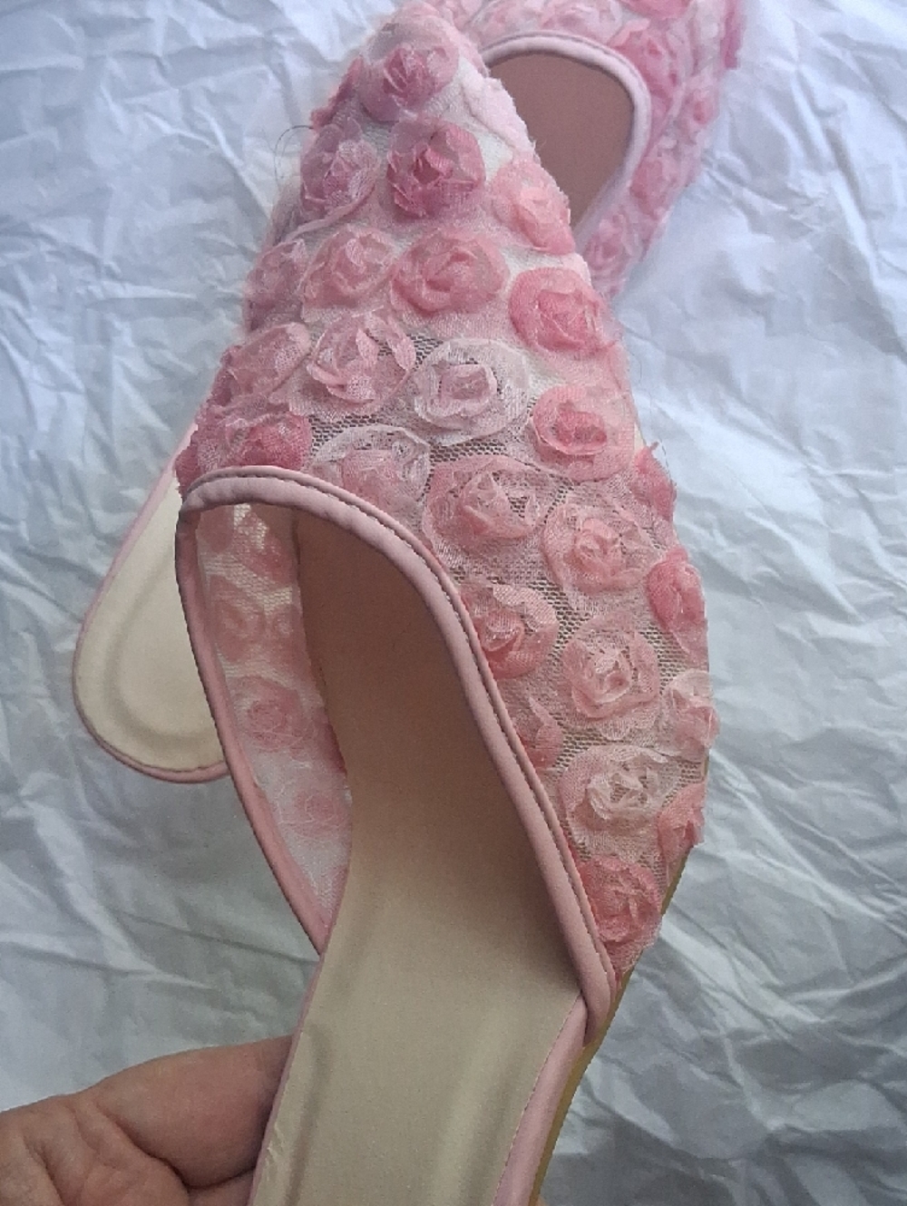 Pink Floral Mesh Pointed Toe Mules With Low Kitten Heel, NWB. - Picture 10 of 13